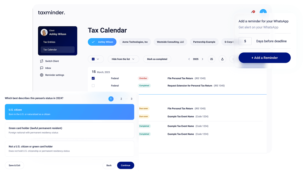 Taxminder interface showing calendar and compliance features
